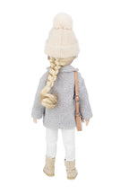 Person wearing a gray coat, white pants, beige boots, and a cream knit hat on a white background