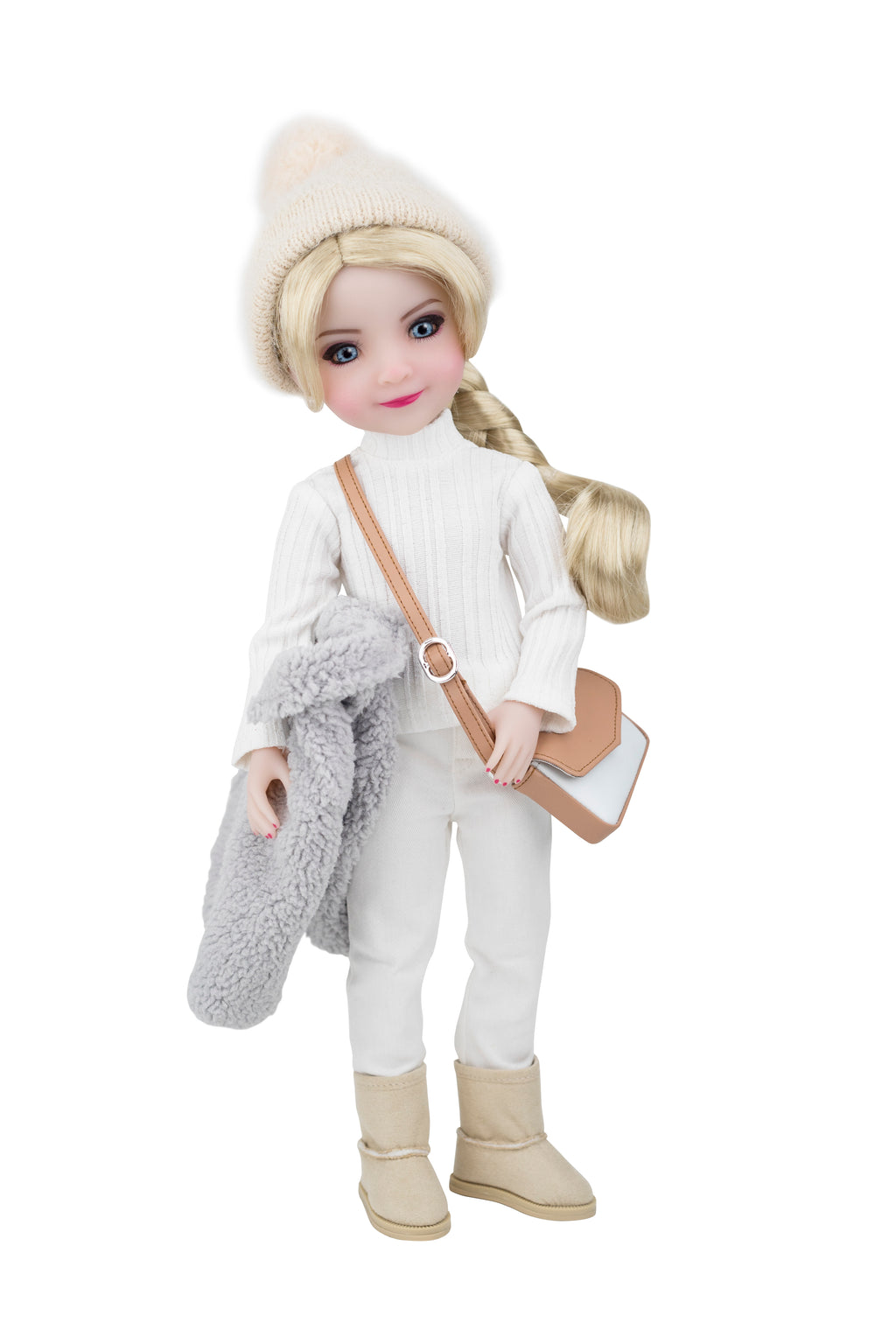 Doll wearing a white outfit with a beanie, scarf, and boots on a white background