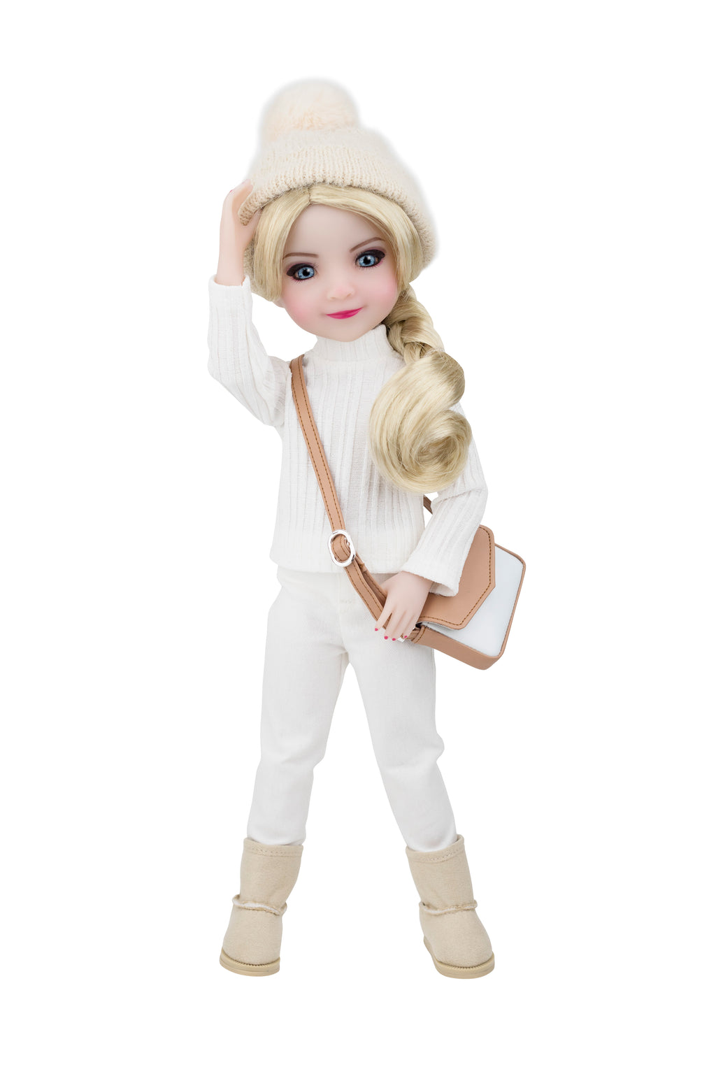 Doll in a white outfit with a beige beanie, boots, and handbag on a white background