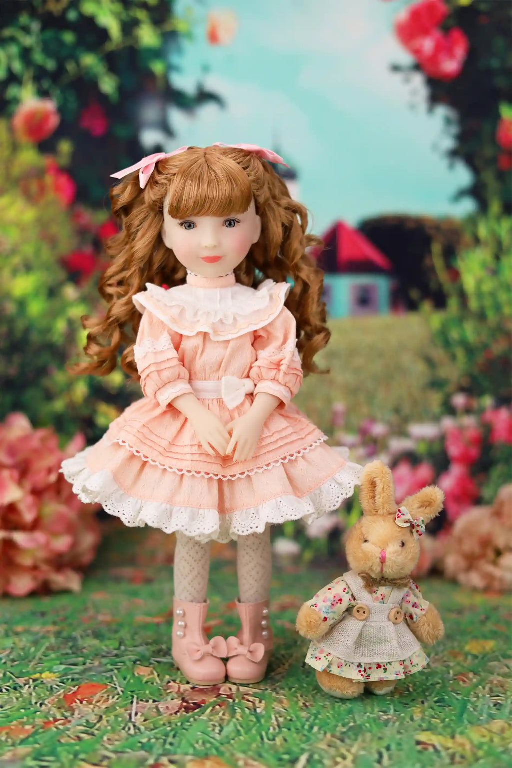 Doll in a pink dress standing next to a  rabbit plush toy in a garden setting
