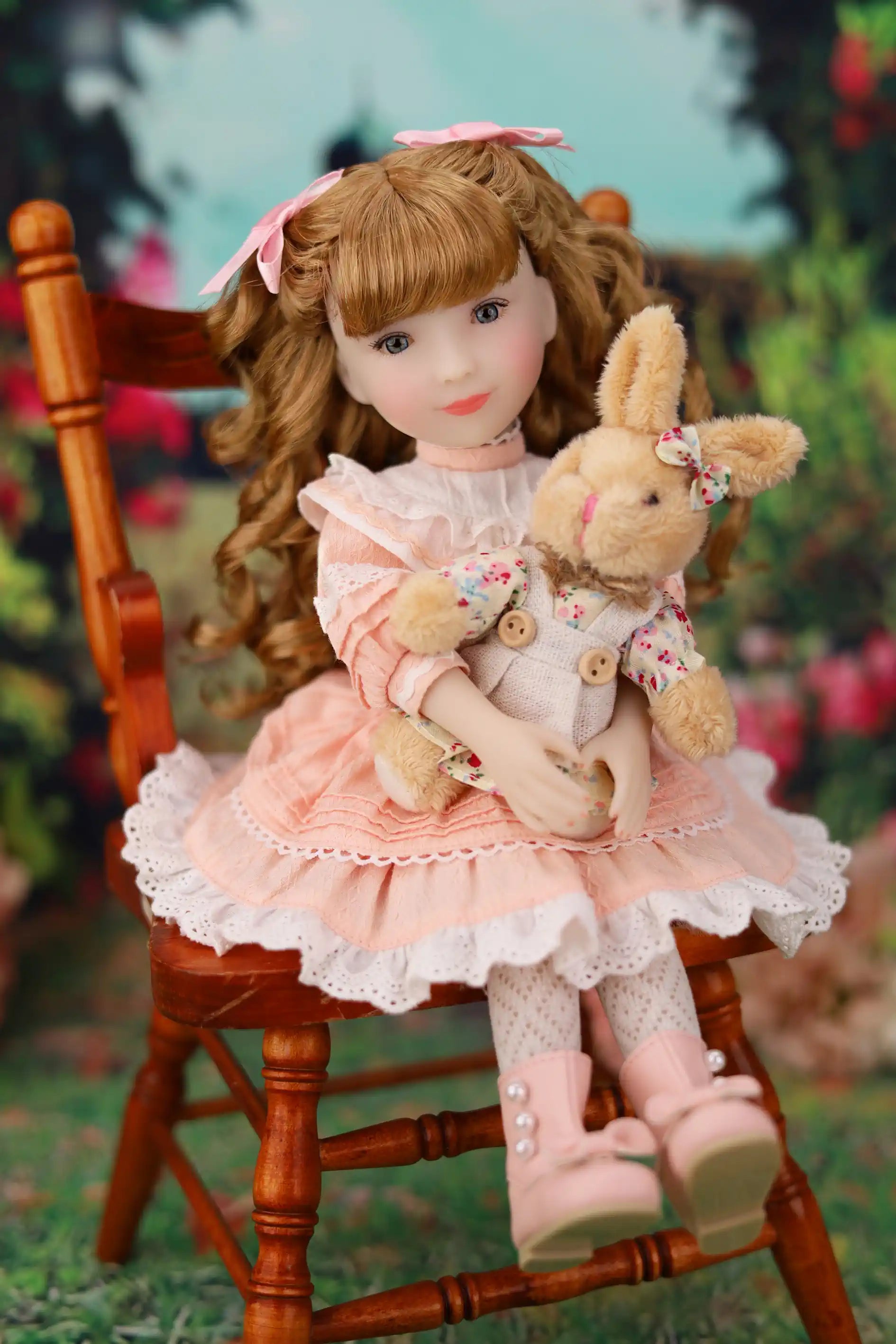 Doll with a rabbit plush toy sitting on a wooden chair outdoors.
