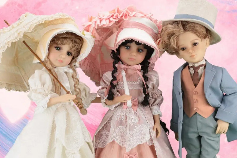 Three dolls in vintage clothing with hats and parasols on a pink background