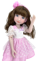 Doll with brown hair and a pink dress on a white background