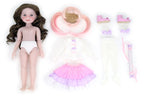 Doll with accessories including a skirt, shoes, and hair extensions on a white background