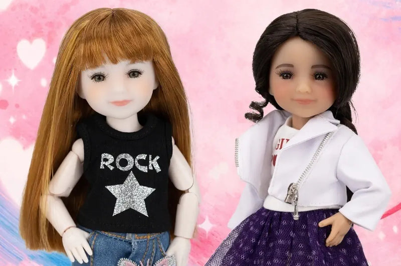 Two mini Fashion Friends dolls with different outfits on a pink background with hearts