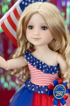 Doll wearing a patriotic outfit with an American flag in the background