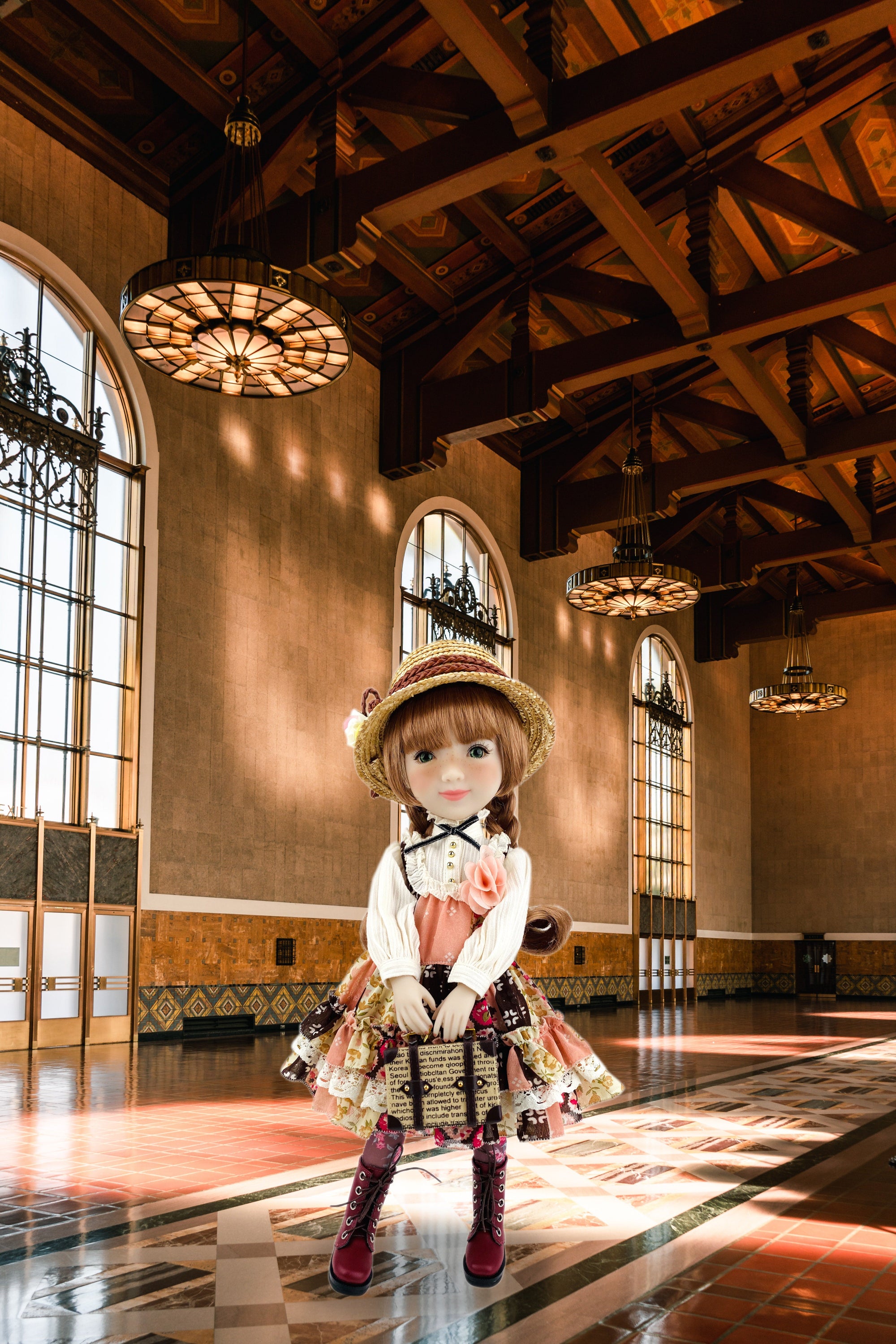 Doll in a vintage outfit standing in a grand hall with high ceilings and large windows.