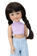 Doll with braided hair wearing a purple top and light blue pants on a white background