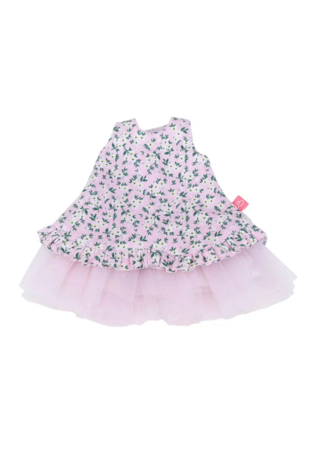 Pink floral dress with a ruffled skirt on a white background