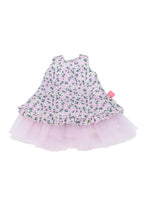 Pink floral dress with a ruffled skirt on a white background