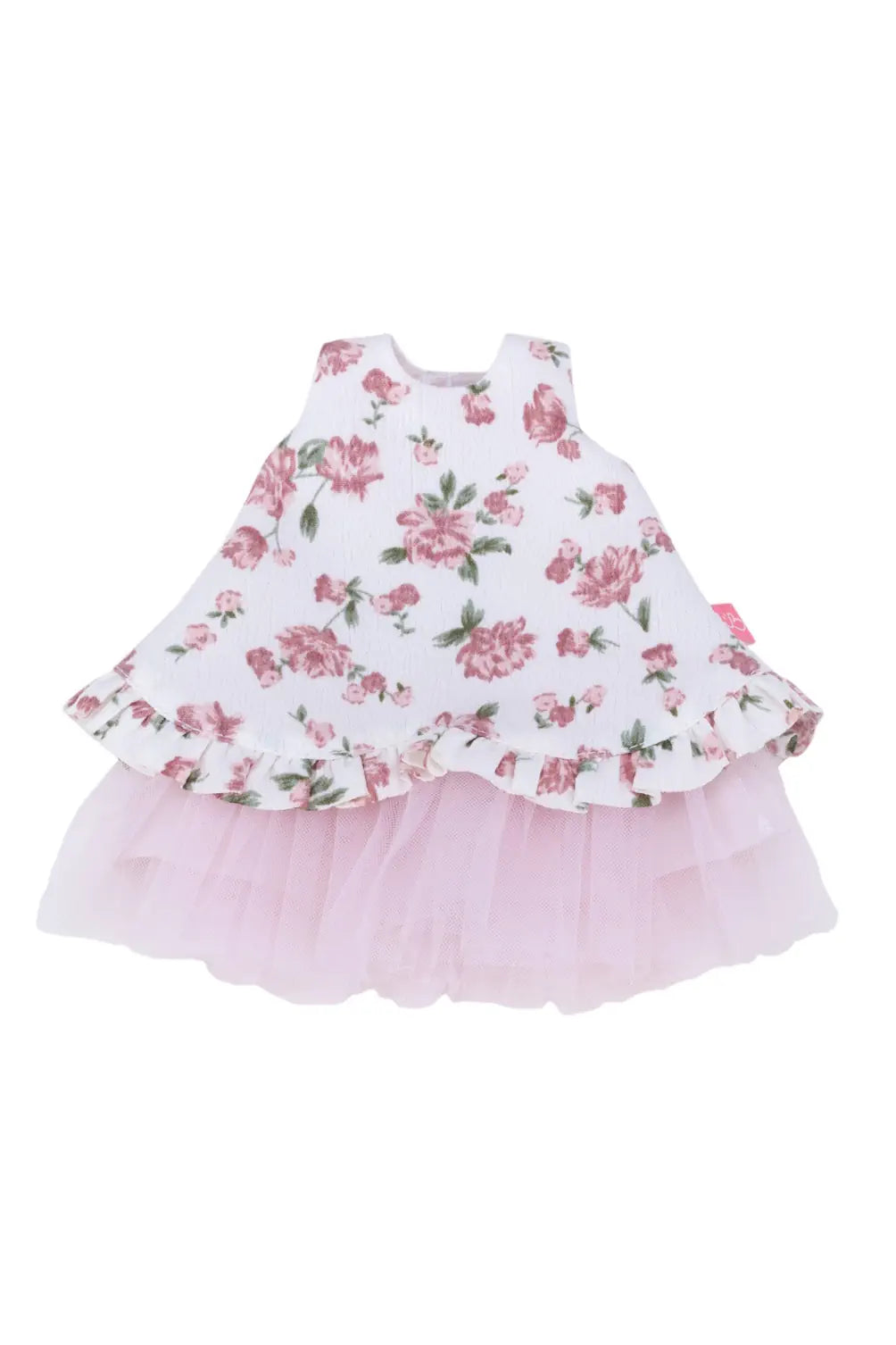 Floral dress with pink ruffled skirt on a white background