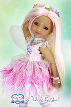 Doll with pink hair and dress on a light green background