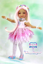 Doll in a fairy costume with pink hair and wings on a light green background