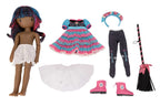 A doll outfit accessory set displayed on a white background, including a doll with blue and pink hair, a tiered pink and blue dress, dark gray leggings with blue floral embroidery, a white tutu skirt, pink rain boots with white flower details, a blue and pink headband, and a black and pink broom.