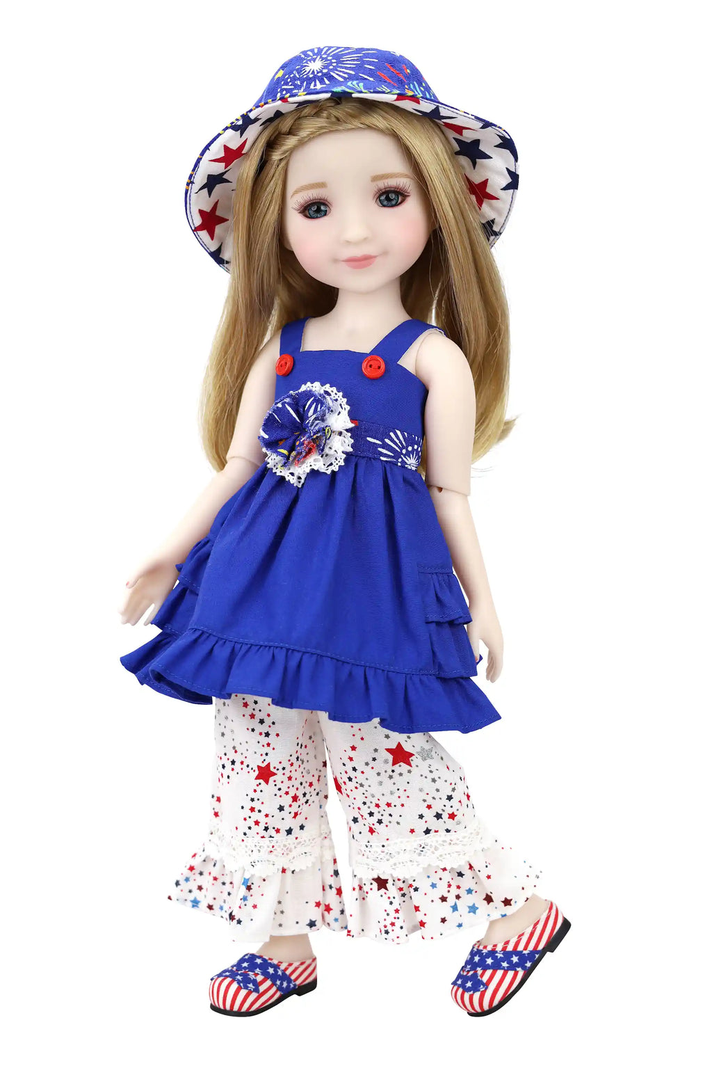 Doll wearing a blue dress with red and white accents, a matching hat on a white background.