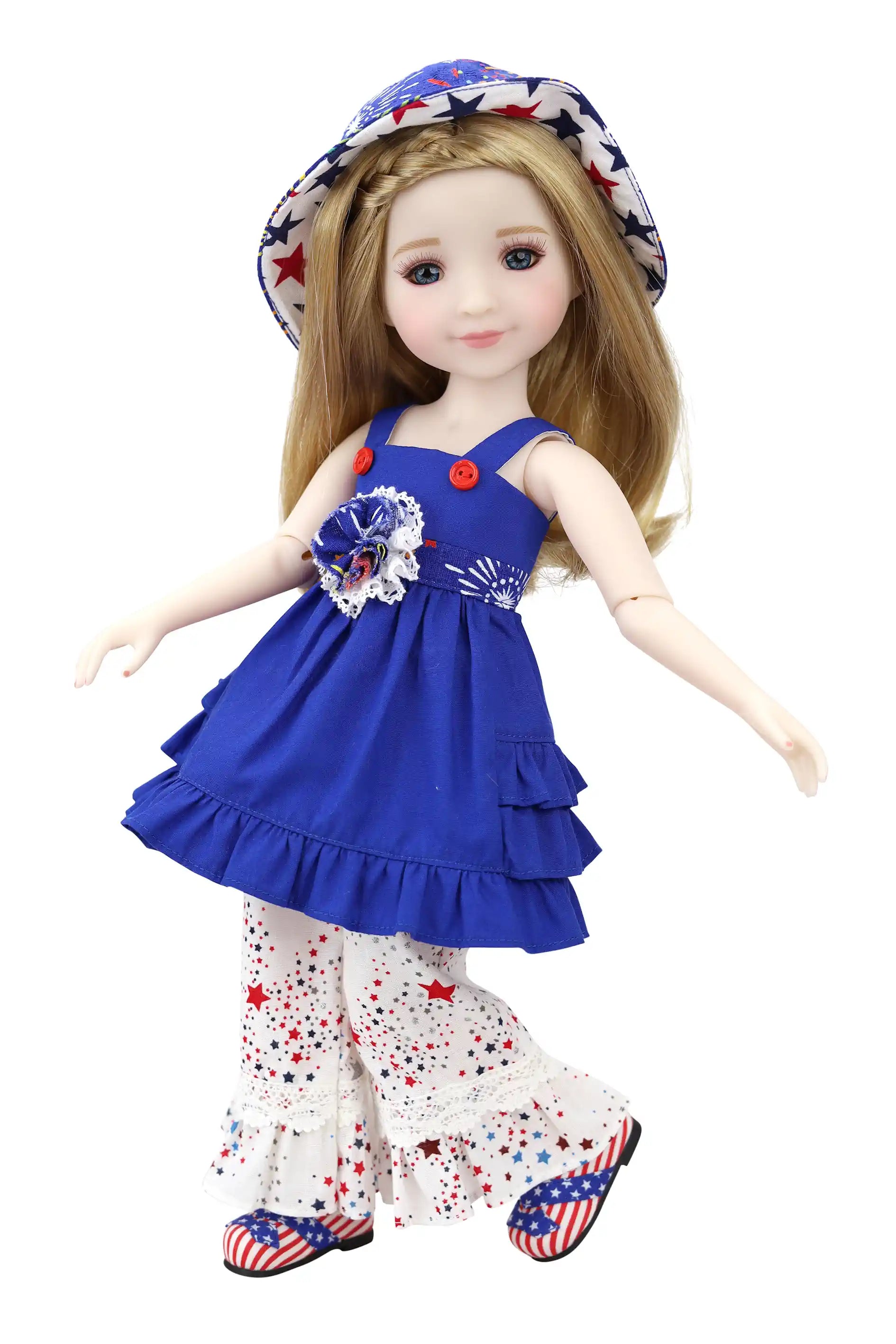 Doll wearing a blue dress with floral details and a matching hat on a white background
