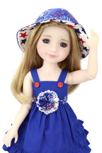 Doll wearing a blue dress with red buttons and a matching hat on a white background