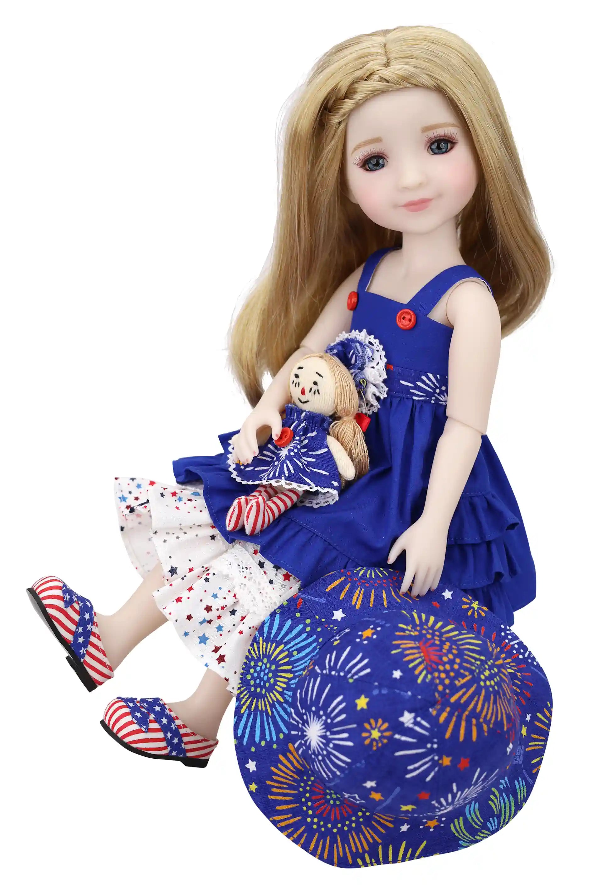 Doll wearing a blue dress with a smaller doll.