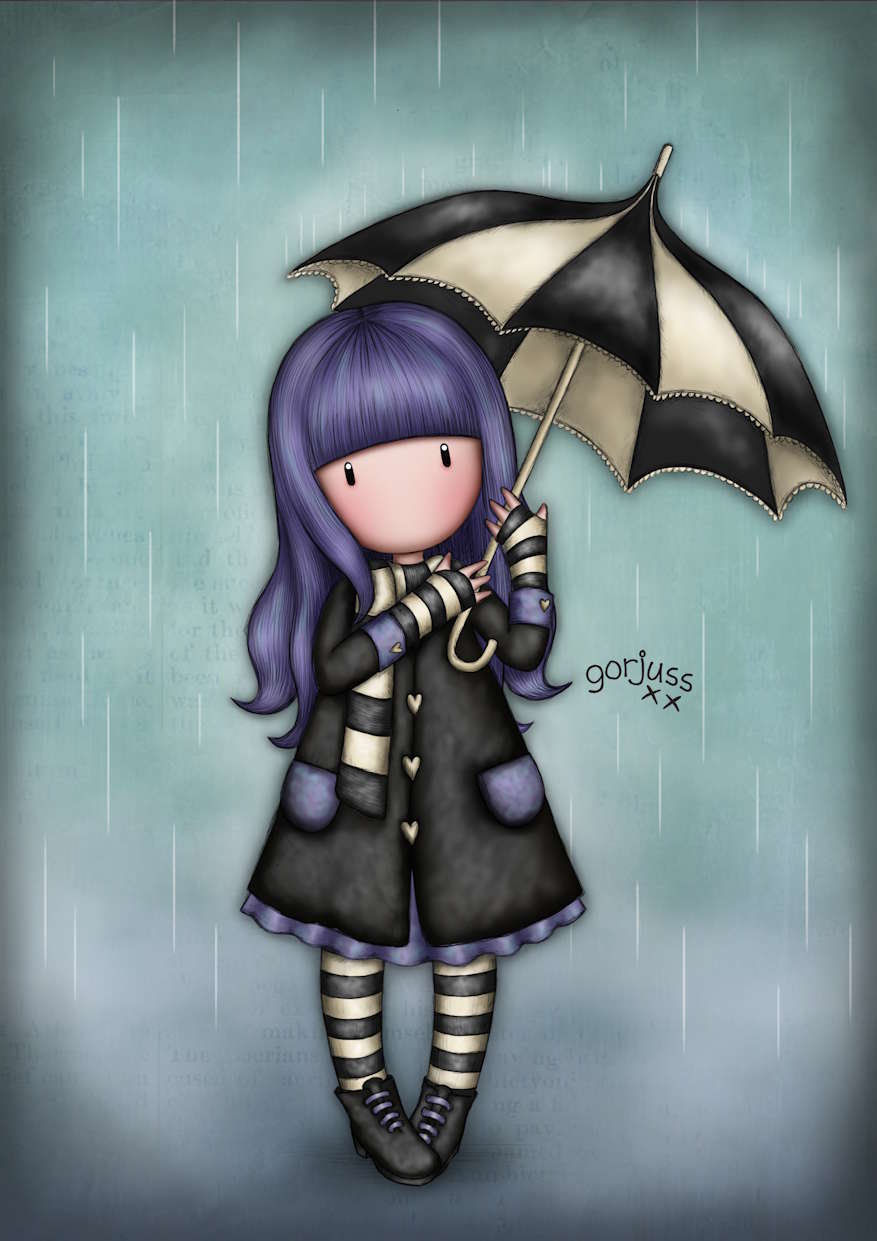 Illustration of Gorjuss with purple hair and a black coat holding an umbrella in the rain, with 'gorjuss' branding.