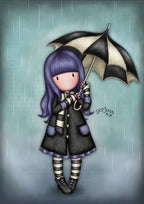 Illustration of Gorjuss with purple hair and a black coat holding an umbrella in the rain, with 'gorjuss' branding.