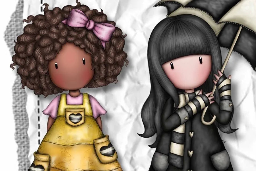 Illustration of two Gorjuss characters, one with curly hair and a yellow dress, the other with dark hair and a black outfit.