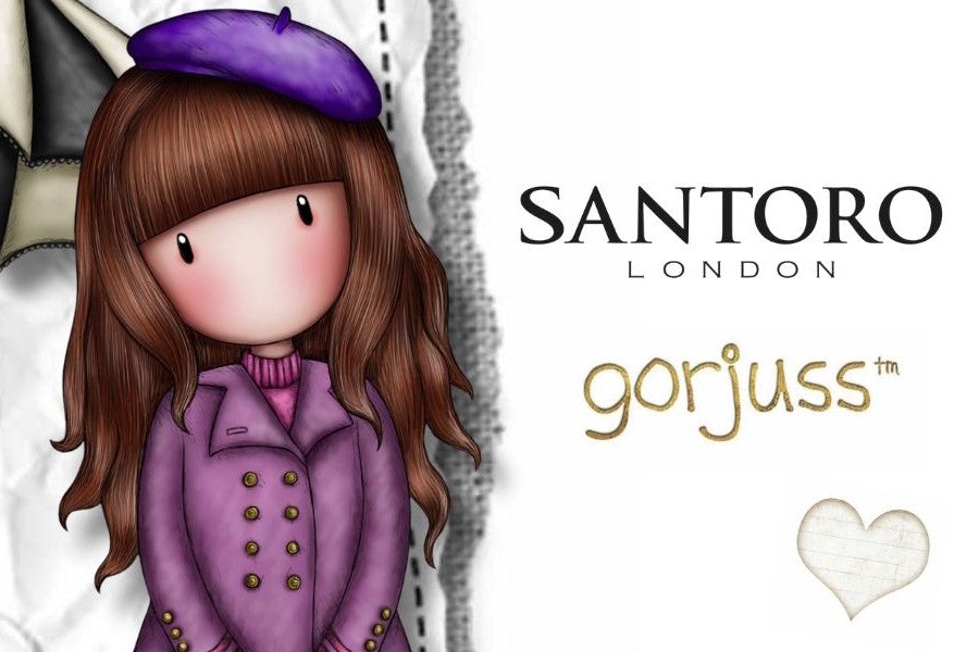 Illustration of a Gorjuss character wearing a purple coat and hat with 'Santoro London' and 'gorjuss' branding.