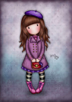 Illustration of Gorjuss in a purple coat and hat on a textured purple background
