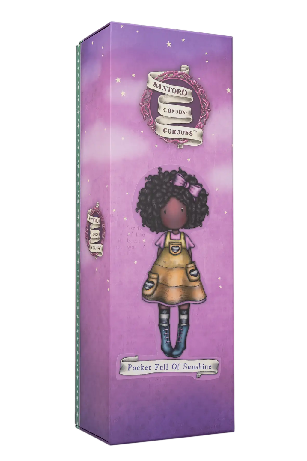 Purple packaging box with a character illustration on a white background