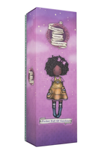 Purple packaging box with a character illustration on a white background