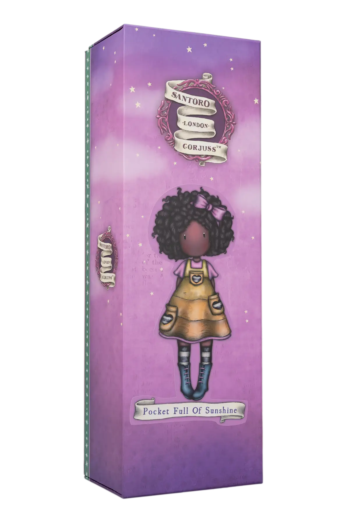 Purple packaging box with a character illustration on a white background