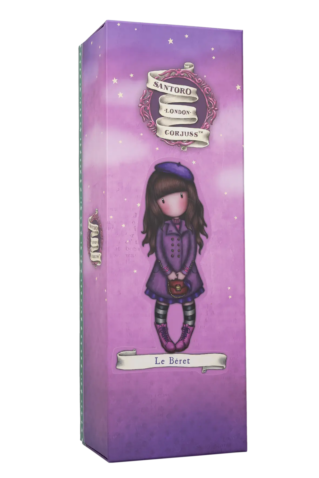 Gorjuss doll box with a girl in a purple coat and hat on a purple background