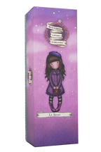 Gorjuss doll box with a girl in a purple coat and hat on a purple background