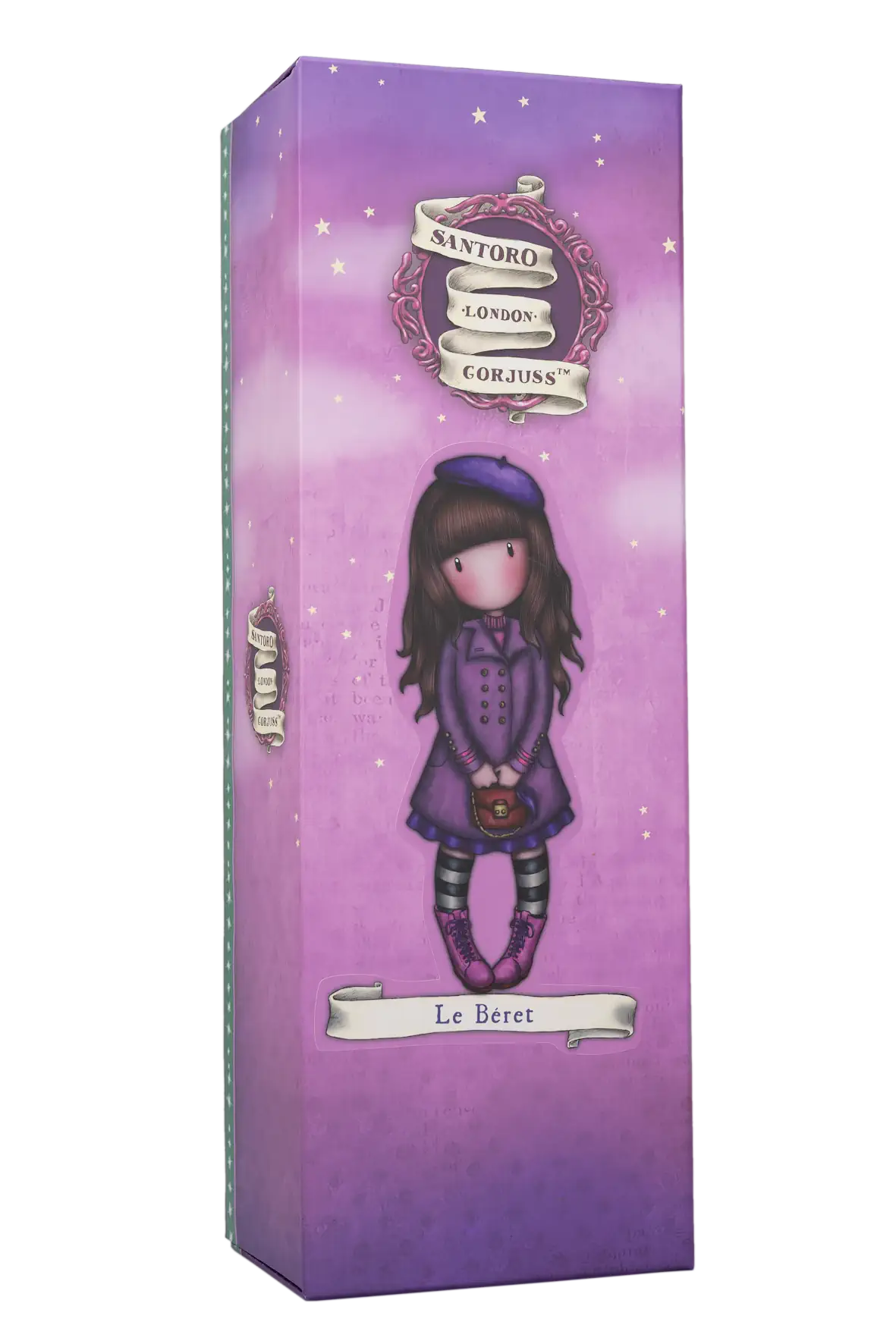 Gorjuss doll box with a girl in a purple coat and hat on a purple background
