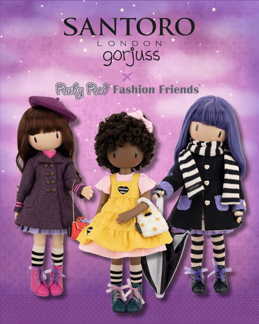 Three dolls with different hairstyles and outfits on a purple background, featuring Santoro London Gorjuss branding.