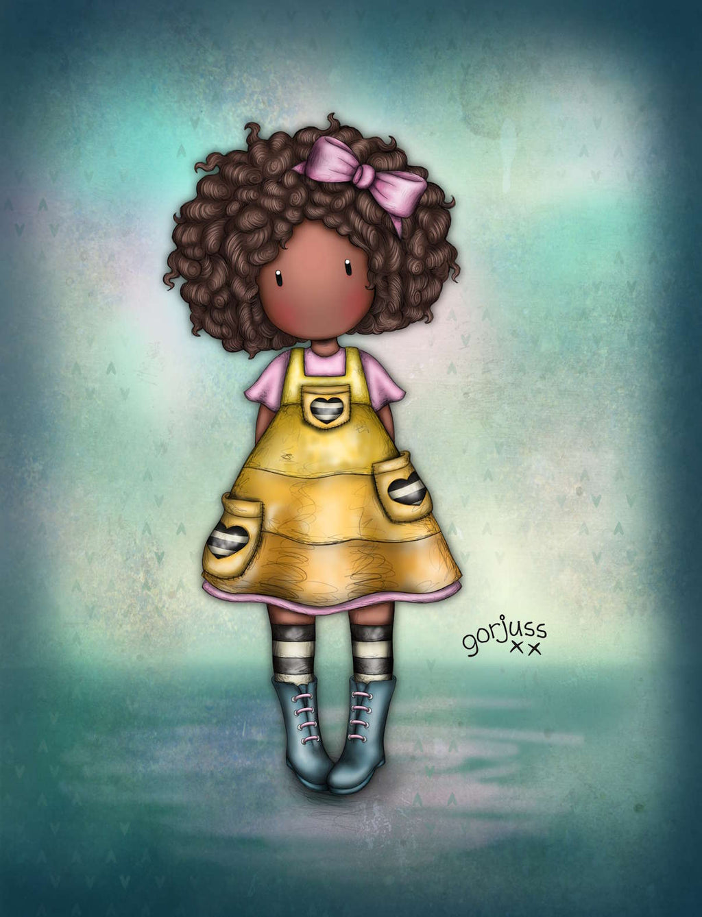 Illustration of Gorjuss with curly hair and a yellow dress on a textured blue background
