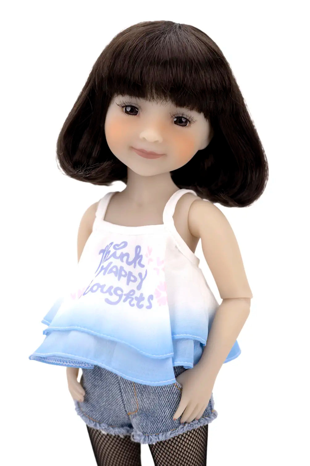 Doll wearing a white tank top with text and denim shorts on a white background