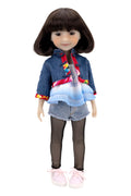 Hanna doll wearing a blue jacket with colorful accents, denim shorts, and fishnet stockings on a white background