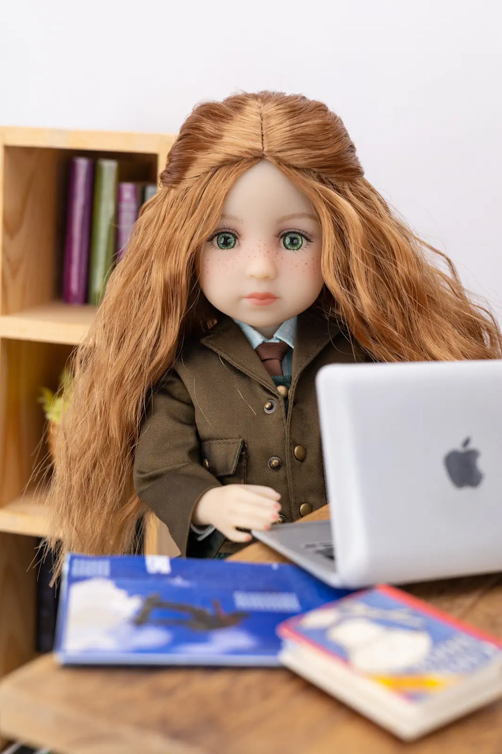 Doll with long brown hair sitting at a desk with a laptop and books.