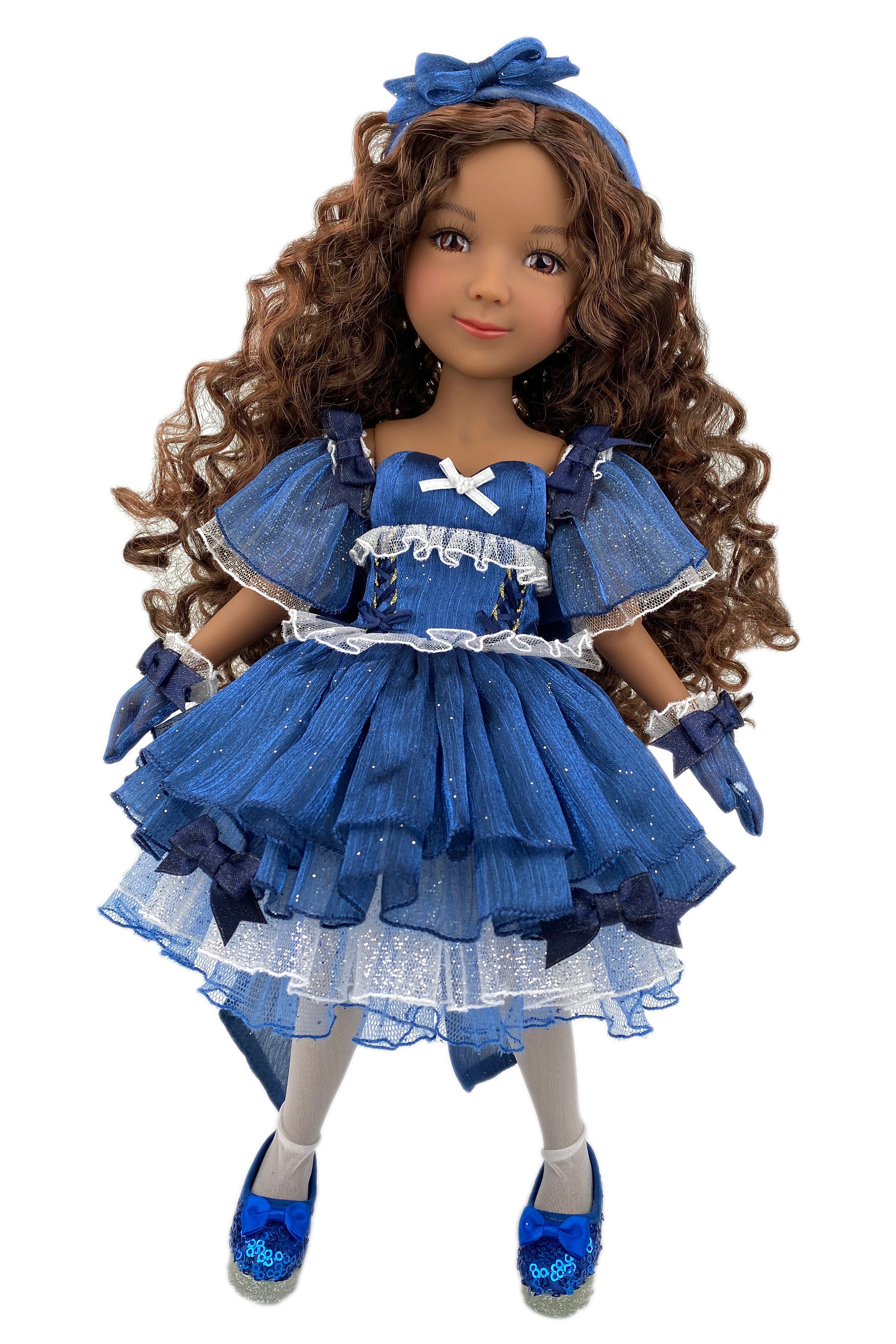 Doll in a blue dress with white accents on a white background