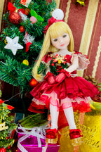 Doll in a red dress standing next to a decorated Christmas tree with ornaments.