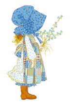 Holly Hobbie Illustration with a girl in a blue bonnet and patchwork dress holding flowers on a white background