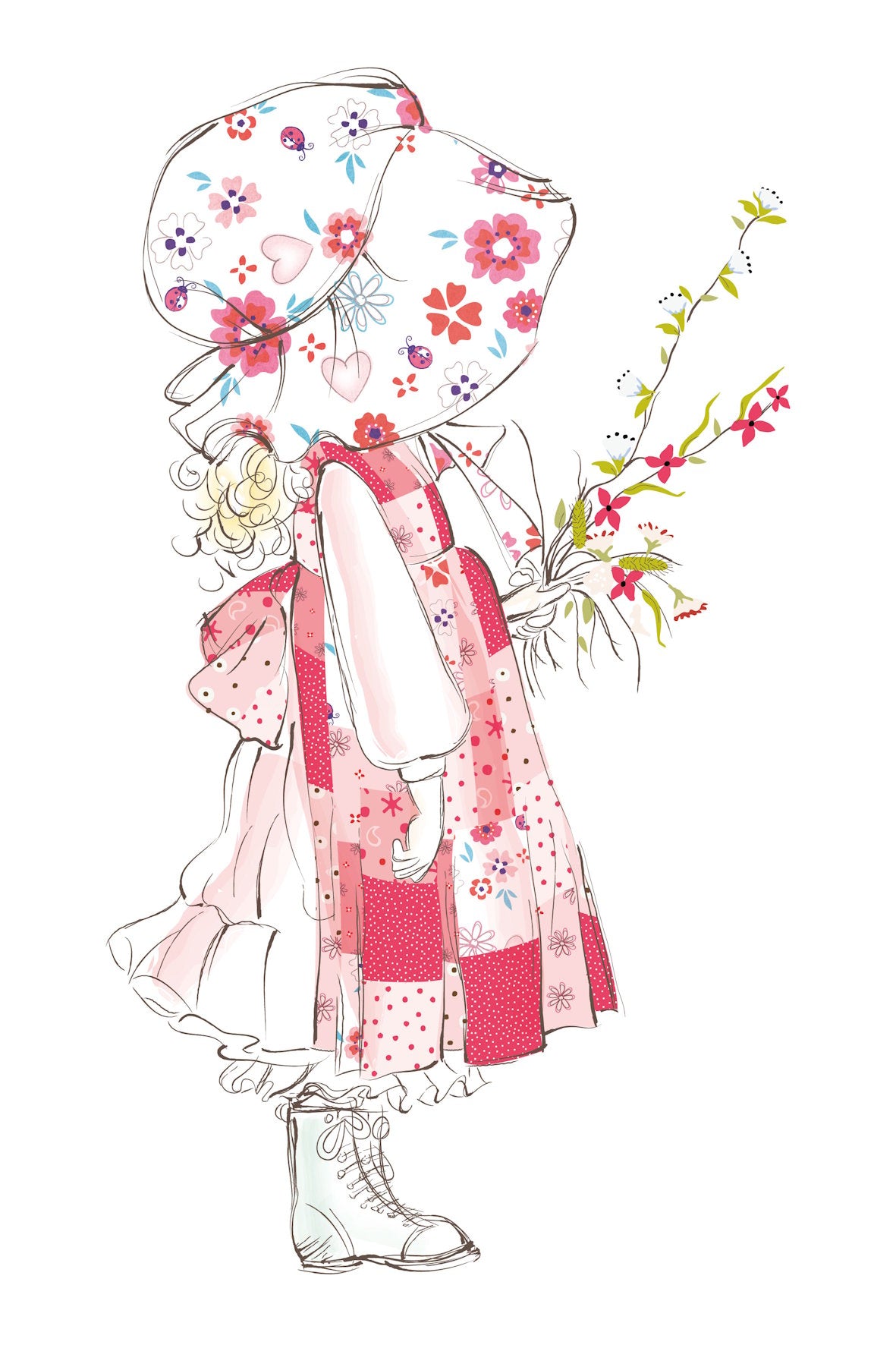 Holly Hobbie Illustration with a girl wearing a floral bonnet and pink outfit with flowers on a white background