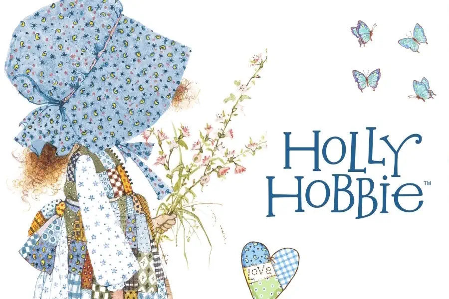 Illustration of a character from Holly Hobbie with flowers and butterflies on a white background.