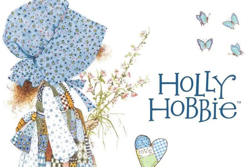 Illustration of a character from Holly Hobbie with flowers and butterflies on a white background.