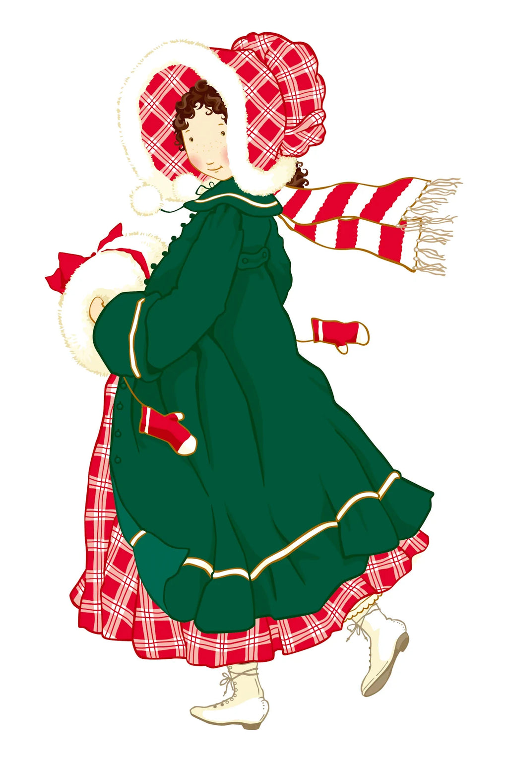 Vintage-style Holly Hobbie illustration of a woman in a dark green winter dress with a red-and-white plaid bonnet, scarf, mittens, and white boots, shown against a plain white background.