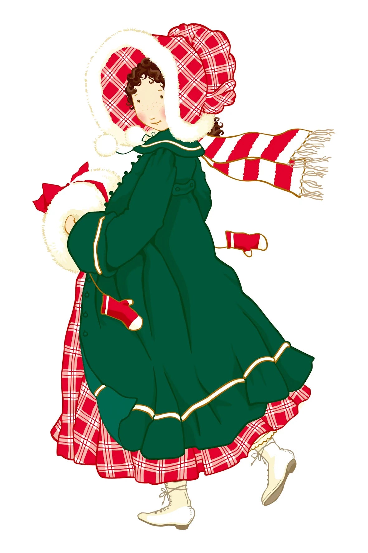 Vintage-style Holly Hobbie illustration of a woman in a dark green winter dress with a red-and-white plaid bonnet, scarf, mittens, and white boots, shown against a plain white background.