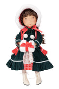 A Holly Hobbie Christmas doll dressed in a dark green textured coat with red and white accents, a white fur-trimmed bonnet, and cream-colored boots, holding a small wrapped gift against a plain white background.