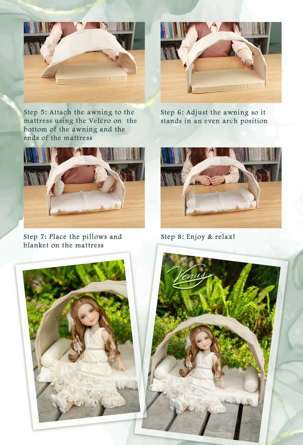 Step-by-step guide on setting up a doll bed with images and text.