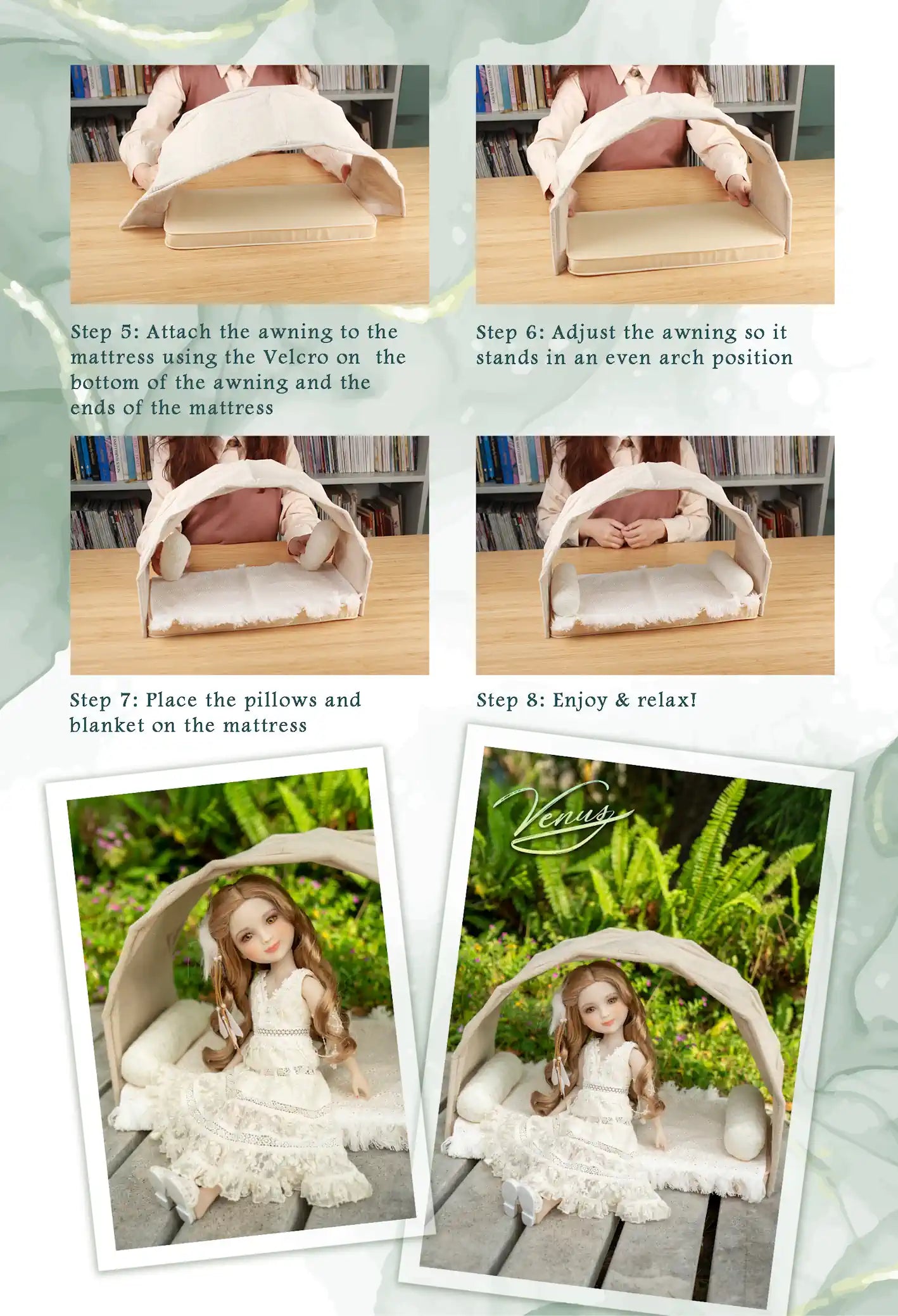 Step-by-step guide on setting up a doll bed with images and text.