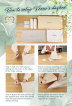 Step-by-step guide on how to set up Venus's daybed with labeled components and actions.